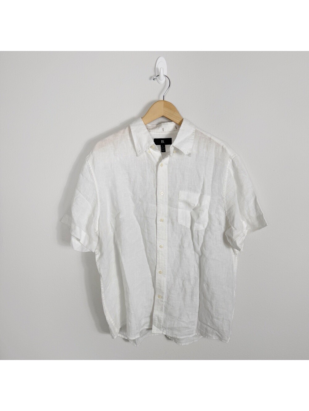 Banana Republic Mens Large Linen Short Sleeve Button Down Shirt White Vacation